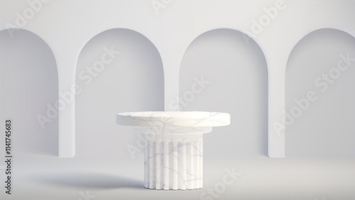 Marble column with fluted shaft stands against arch curved gallery niches in wall. Realistic 3d classical pedestal with round top platform. Minimalist space design for luxury display presentation.