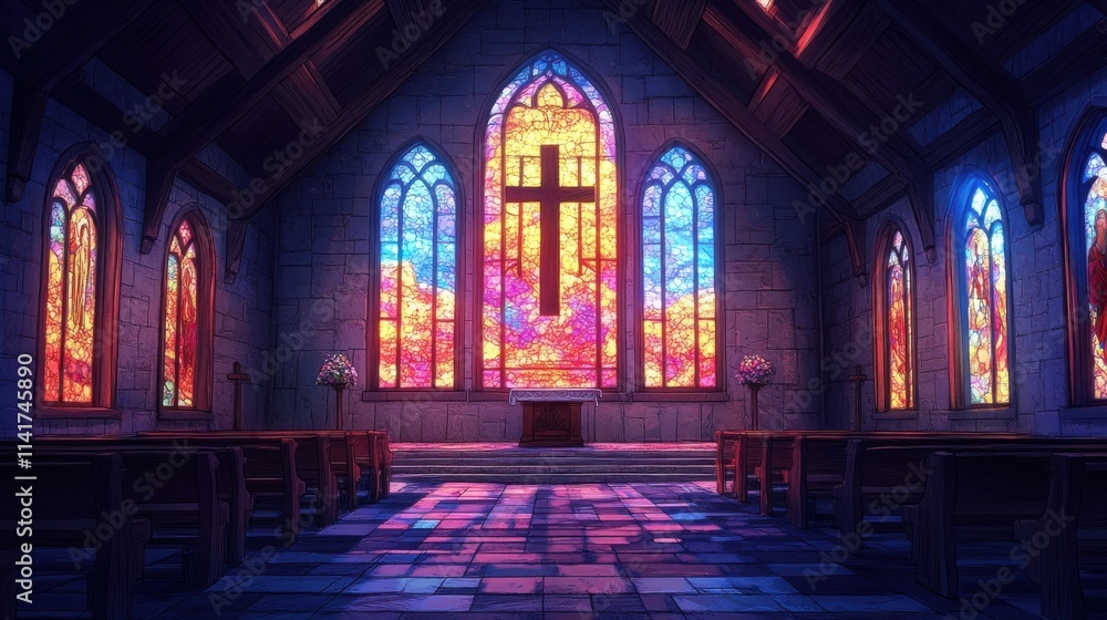 Obraz premium Serene Church: Stained glass illuminates a peaceful sanctuary, casting vibrant hues on the stone floor. A moment of quiet contemplation.