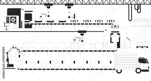 Smart factory black and white line illustration. Automated robotic systems. Logistics distribution warehouse industrial robots 2D interior monochrome backdrop. Mechanized production outline vector