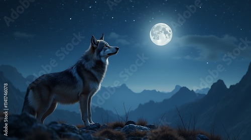 Wallpaper Mural Majestic Wolf Gazing at the Full Moon Over Mountain Peaks, Generative AI Torontodigital.ca