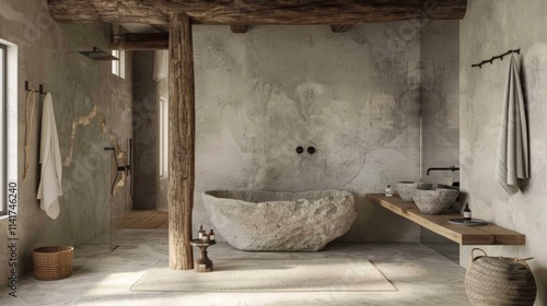 A Wabi-Sabi inspired bathroom with exposed beams, a stone bathtub, and raw concrete walls