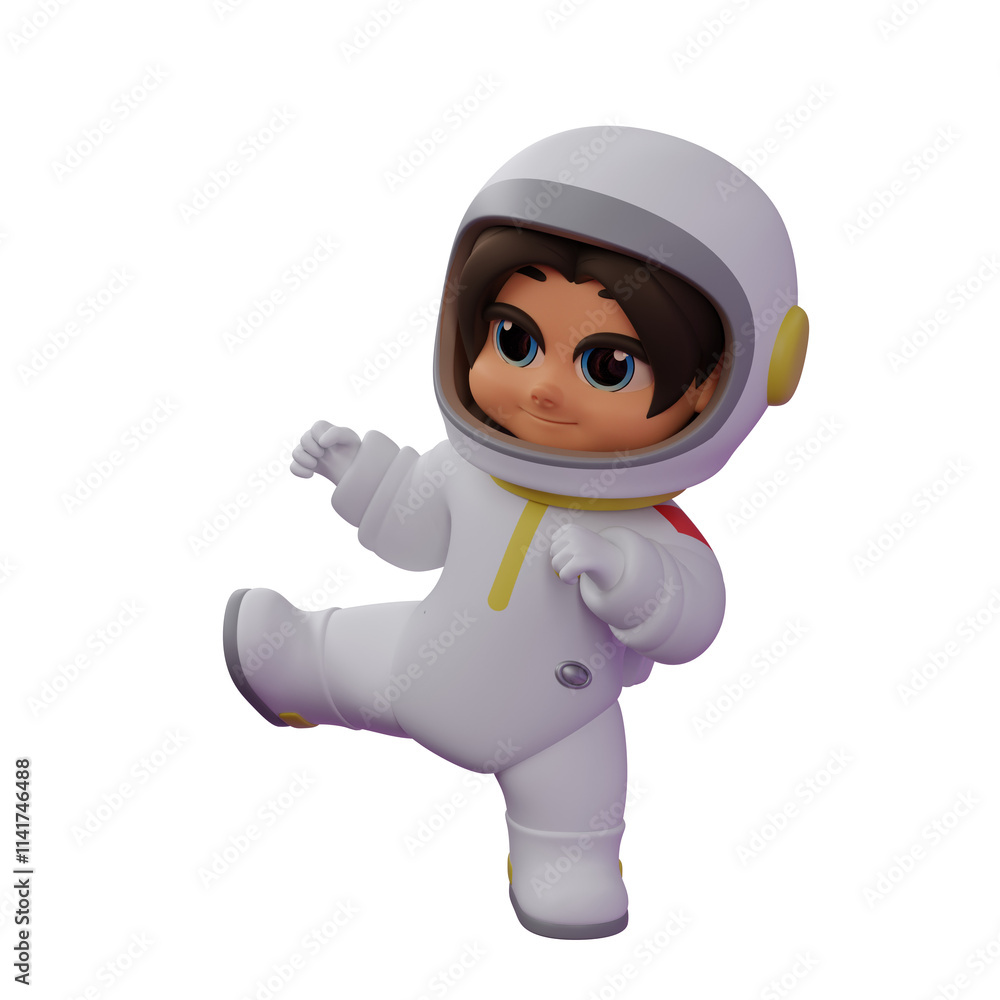 Cute Baby Wearing Fox Astronaut Suit 3D Model. A chibi astronaut stands with his right leg raised and both hands clenched. Cartoon Design Cute Baby Wearing Fox Astronaut Suit 3D Model. A chibi astronaut stands with his right leg raised and both hands clenched. Cartoon Design