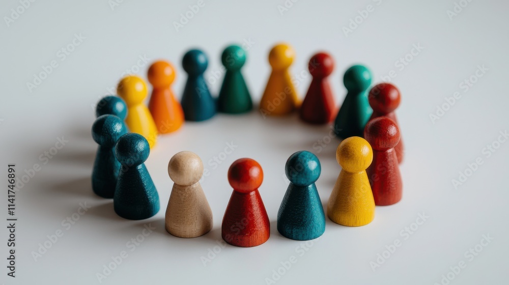 Colorful wooden game pieces arranged in a circle, emphasizing community and interaction, with one piece standing out in a lighter shade. Colorful wooden game pieces arranged in a circle, emphasizing community and interaction, with one piece standing out in a lighter shade.