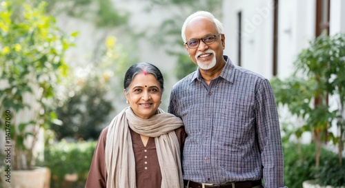 Senior indian couple smiling in a garden setting for family and lifestyle concepts