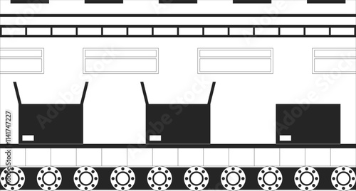 Conveyor belt boxes packing automation black and white line illustration. Logistics cardboard box sealing process automatic 2D monochrome backdrop. Assembly operation in manufacturing outline vector