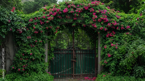 A whimsical garden gate covered in ivy and flowers