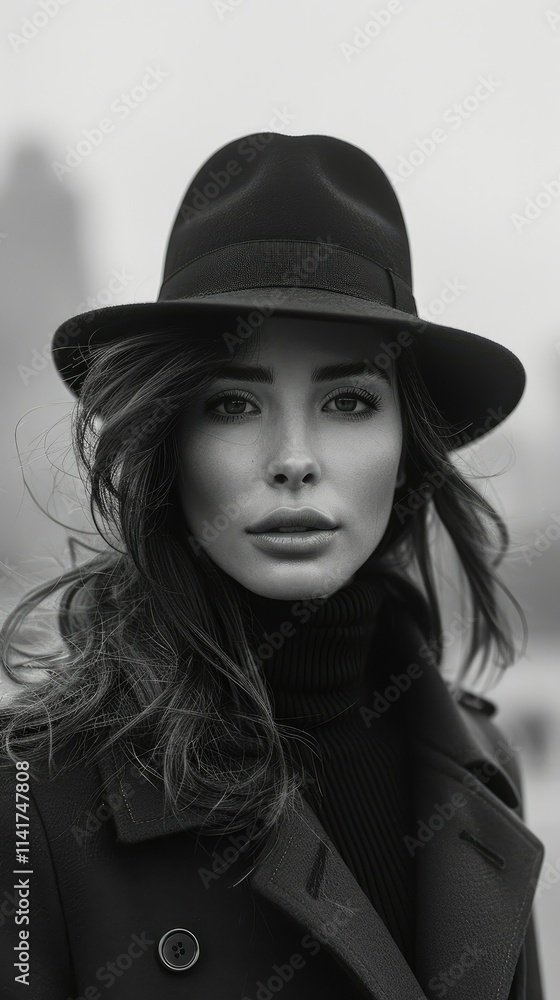 A monochrome portrait of a woman in a hat, exuding elegance and mystery. A monochrome portrait of a woman in a hat, exuding elegance and mystery.