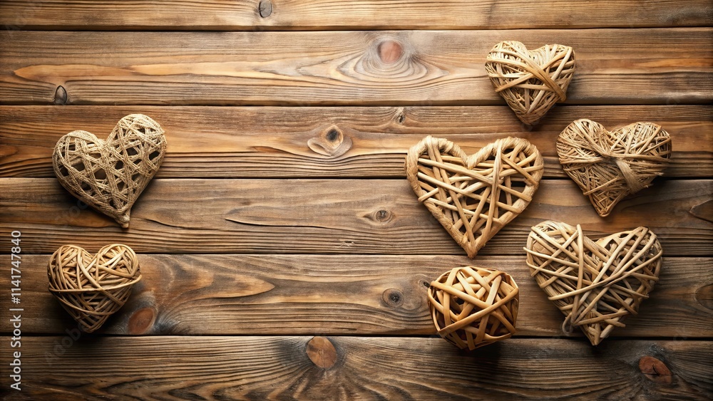 Rustic Woven Hearts and Sphere on Wooden Background for Romantic Decoration Rustic Woven Hearts and Sphere on Wooden Background for Romantic Decoration