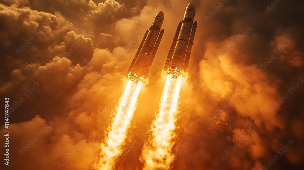 Close-up view of spacecraft engine thrusters firing during a space mission, showcasing the powerful propulsion system and the dynamic force propelling the spacecraft forward, highlighting advanced aer