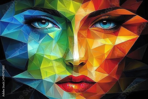 A striking abstract portrait of a woman's face, featuring vibrant geometric patterns in shades of blue, green, orange, and red.