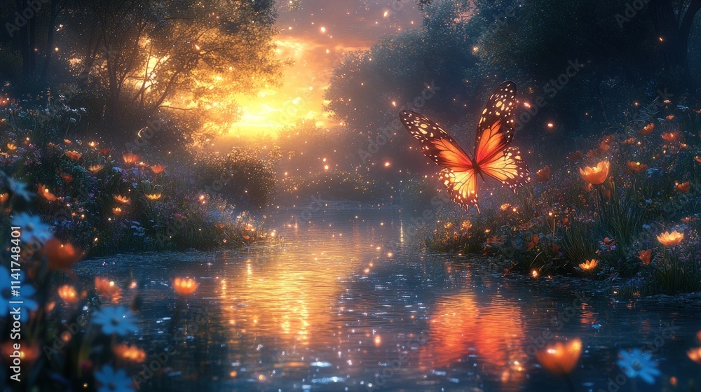 Fototapeta premium Magical sunset, glowing butterfly, river, flowers.