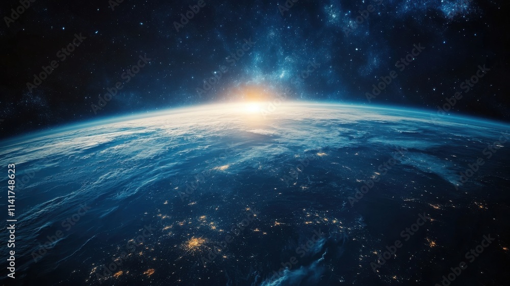 Obraz premium Earthrise: A breathtaking view of our planet from space, bathed in the golden light of dawn. Stars and swirling clouds.