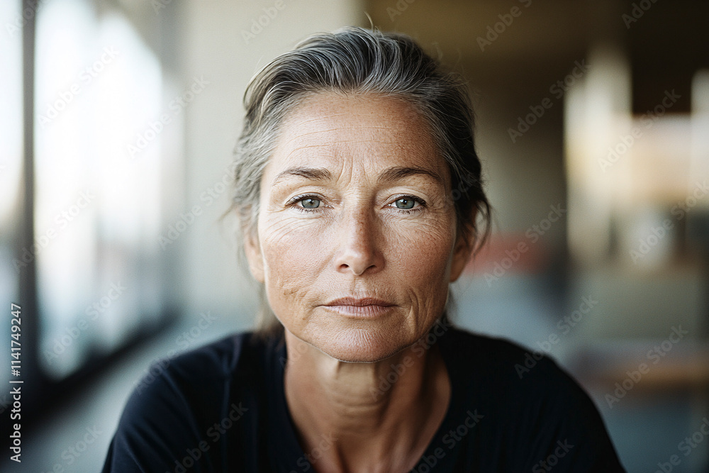 Fototapeta premium A close-up portrait of a mature woman with captivating gray hair and piercing eyes, embodying wisdom, strength, and an unforgettable sense of serenity and calm resilience.