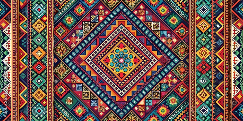 Vibrant tapestry of geometric patterns and colorful motifs showcasing intricate details in a symmetrical design Vibrant tapestry of geometric patterns and colorful motifs showcasing intricate details in a symmetrical design