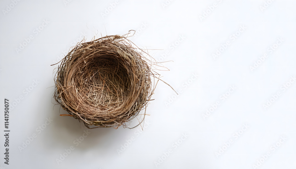 Bird nest on white background, Simple minimalism flat lay top view, copy space Bird nest on white background, Simple minimalism flat lay top view, copy space