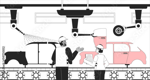 Manufacturing automobile industry black and white line illustration. Auto factory workers supervising assembling motor vehicles 2D characters monochrome background. Automaker process outline vector