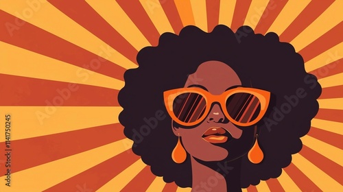 A bold, graphic illustration of a woman with flowing hair against a retro sunburst background in warm orange and brown tones, evoking vintage and empowering aesthetics