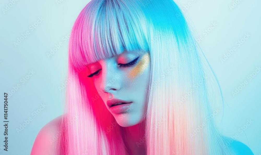 Minimalistic neon effect photography of a woman with white hair, wearing a long, straight blue and pink wig with bangs Minimalistic neon effect photography of a woman with white hair, wearing a long, straight blue and pink wig with bangs