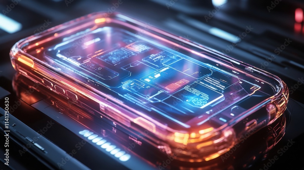 Futuristic phone: Transparent design reveals glowing internal circuits. Neon lights illuminate sleek device, hinting at advanced tech. Futuristic phone: Transparent design reveals glowing internal circuits. Neon lights illuminate sleek device, hinting at advanced tech.