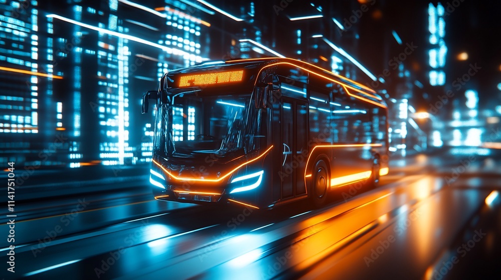 Futuristic bus traveling through a neon-lit urban landscape. Futuristic bus traveling through a neon-lit urban landscape.