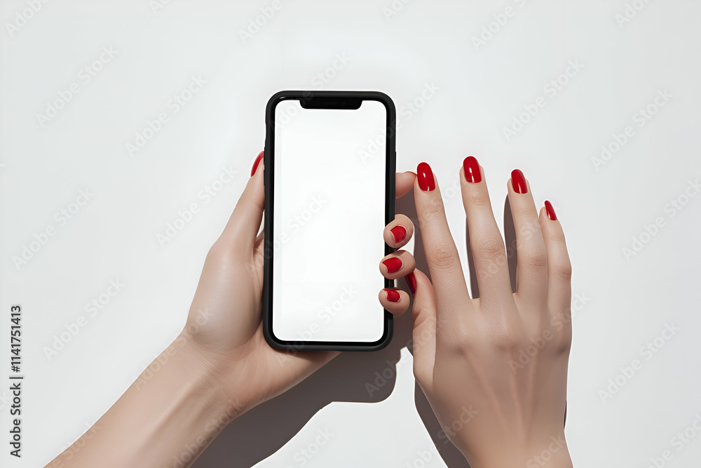 custom made wallpaper toronto digitalThe image shows a person holding a black smartphone with a white screen. The person is wearing red nail polish.
