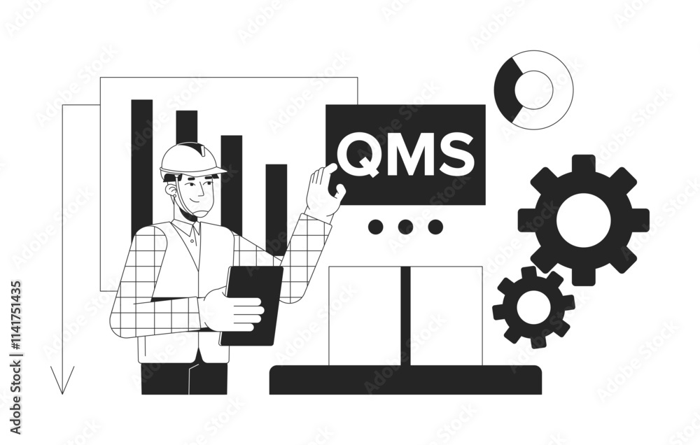 Naklejka premium Quality management system in manufacturing black and white 2D illustration concept. Improving factory processes productivity. QMS manager outline character isolated. Metaphor monochrome vector art