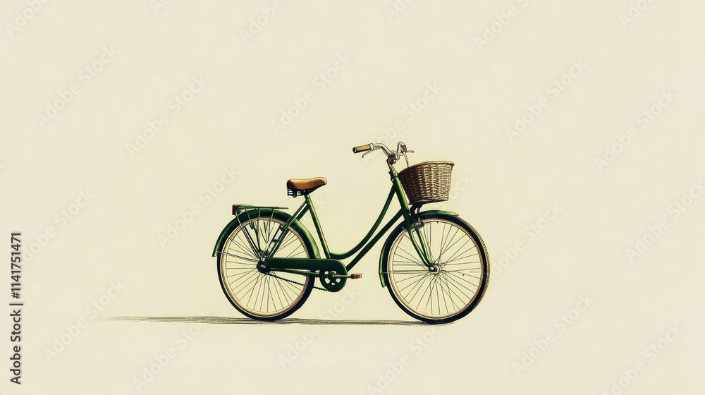 Obraz premium Vintage green bicycle with basket, side view, minimalist style, cream background.