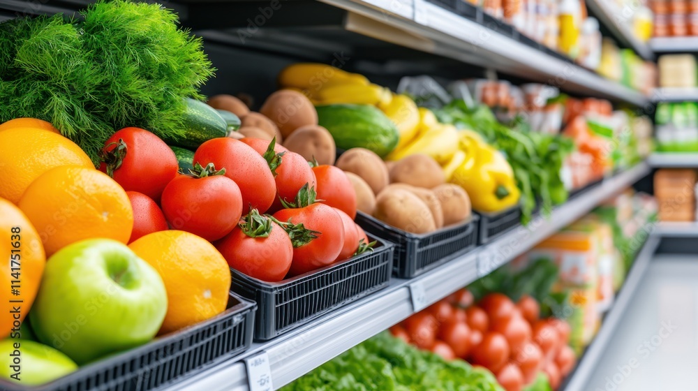 Colorful display of fresh fruits and vegetables in a grocery store. Colorful display of fresh fruits and vegetables in a grocery store.
