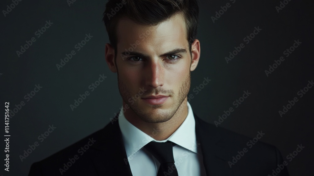 Confident young man in black suit and white shirt, intense gaze.