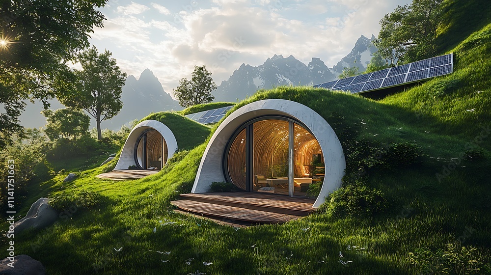View of Eco-Friendly Earth Sheltered Homes: A 3D Render of Sustainable Mountain ...