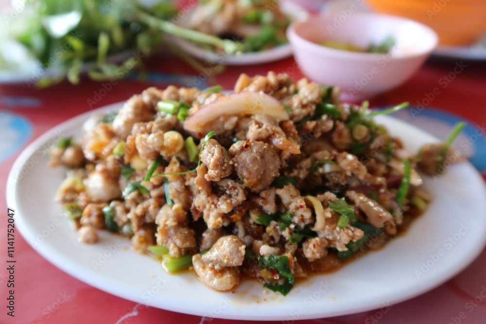 Cooked pork larb, Isaan food in Thailand Cooked pork larb, Isaan food in Thailand