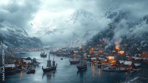 Snowy Viking village, ships, fjord, mountains.