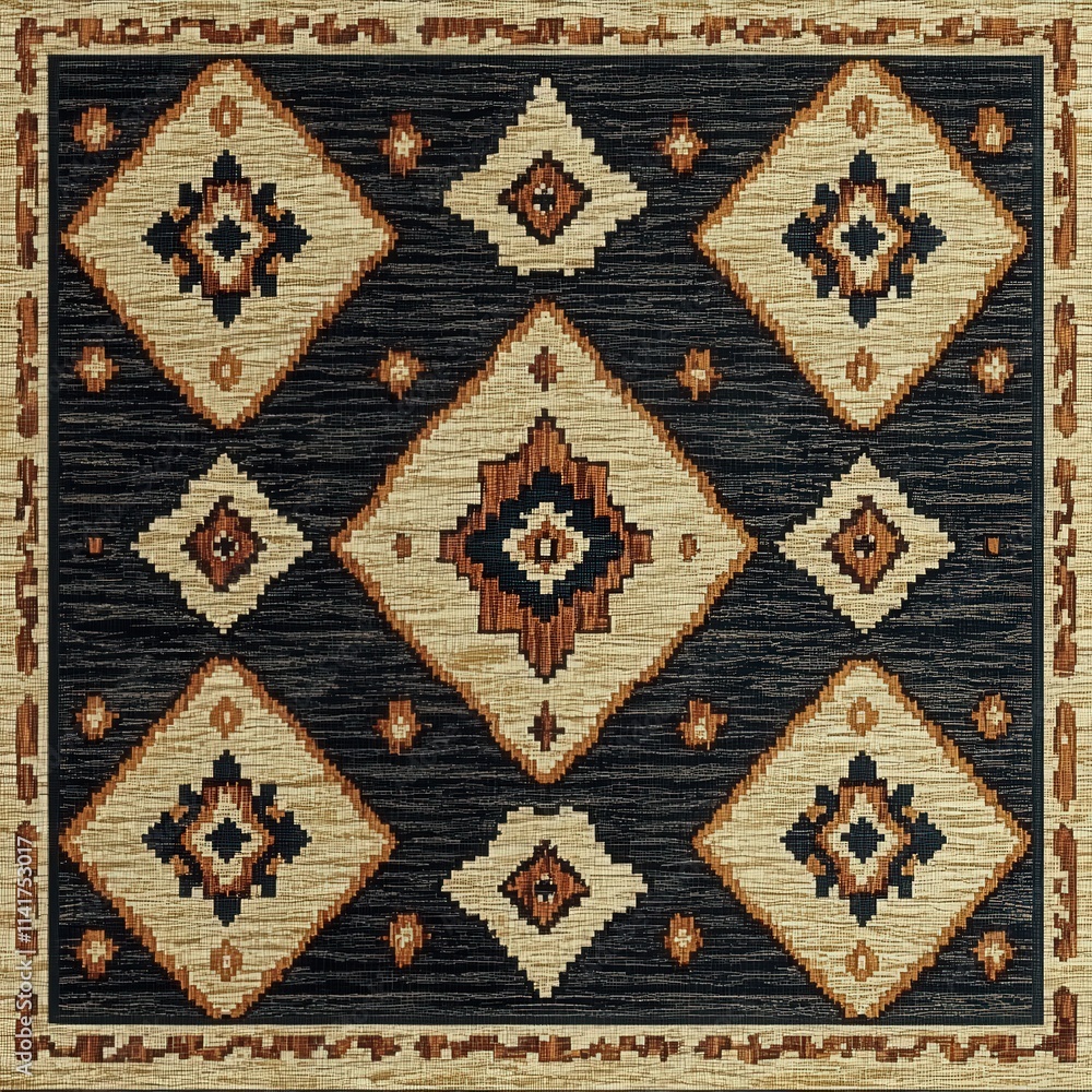 Intricate woven textile featuring geometric patterns in earthy tones against a dark background. Intricate woven textile featuring geometric patterns in earthy tones against a dark background.