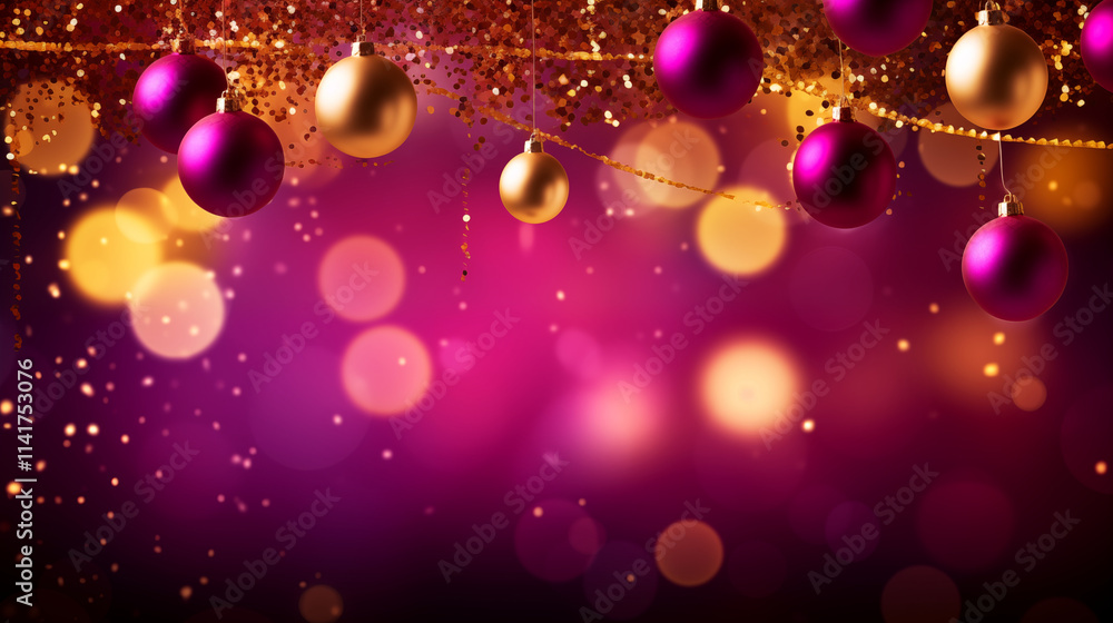 Christmas and New Year background banner in magenta and gold with baubles and decorations Christmas and New Year background banner in magenta and gold with baubles and decorations