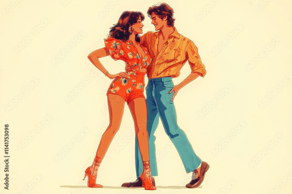Obraz premium Couple in colorful outfits joyfully dancing together.