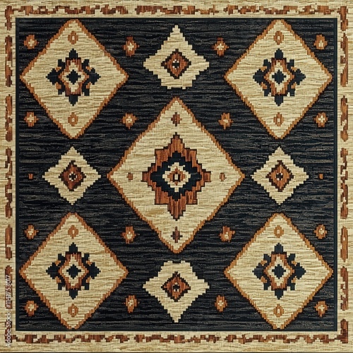 Intricate woven textile featuring geometric patterns in earthy tones against a dark background.