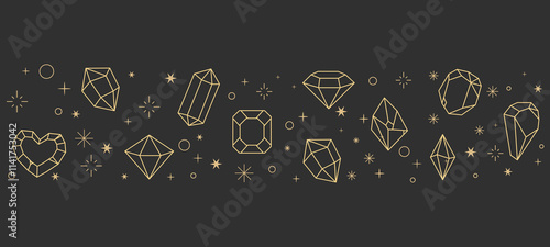 Magic crystal sacred geometry polyhedron celestial esoteric seamless border with gold line gemstone stars, moon decorations. Elegant outline stones. 