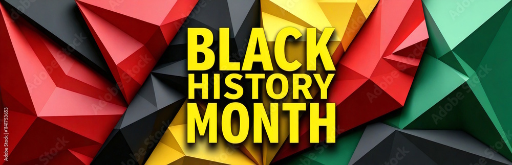 Black History Month text on geometric faceted abstract background in red, green, yellow, and black, Black History Month concept Black History Month text on geometric faceted abstract background in red, green, yellow, and black, Black History Month concept