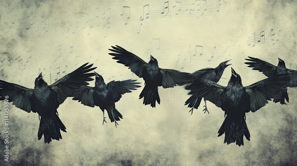Obraz premium Five crows in flight against a musical score background.