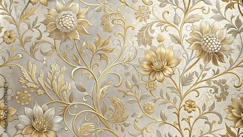 Elegant Gold and Beige Embossed Floral Pattern Design for Fabric, Wallpaper, or Textile