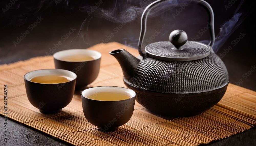 Teapot And Up Of Tea - Japanese Tea - Hot Teapot And Teacups On Bamboo Mat Teapot And Up Of Tea - Japanese Tea - Hot Teapot And Teacups On Bamboo Mat