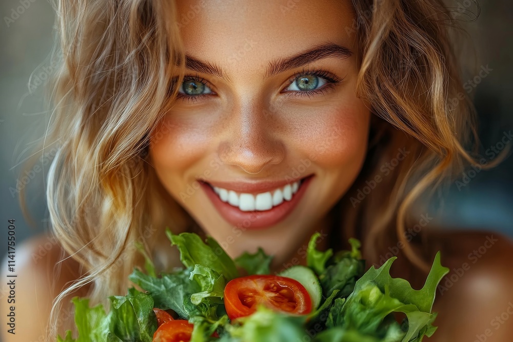 Wellness and healthcare concept, Close-up view happy young woman eat vegan fresh salad, Generative AI Wellness and healthcare concept, Close-up view happy young woman eat vegan fresh salad, Generative AI