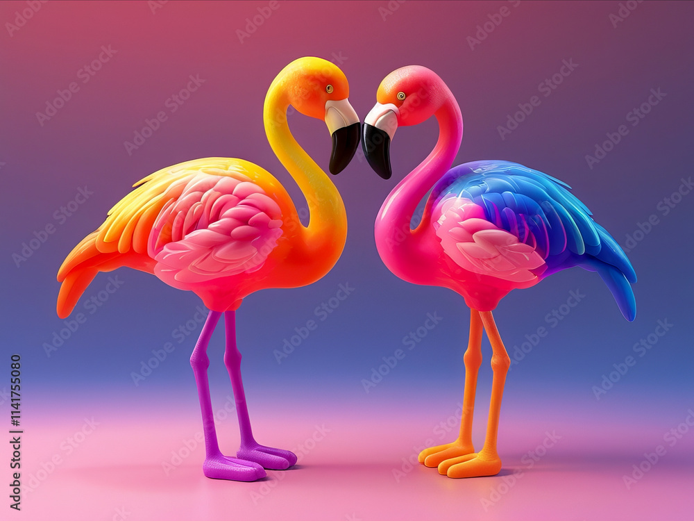 Flamingo couple in rainbow color style on rainbow background looking at each other Flamingo couple in rainbow color style on rainbow background looking at each other