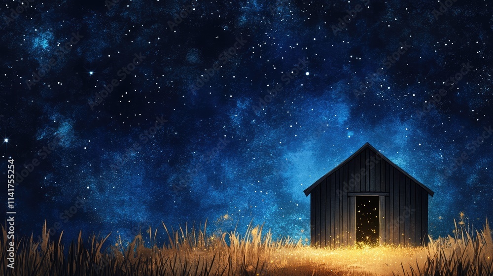 Enchanted Night Sky with Glowing House in a Starry Landscape Enchanted Night Sky with Glowing House in a Starry Landscape