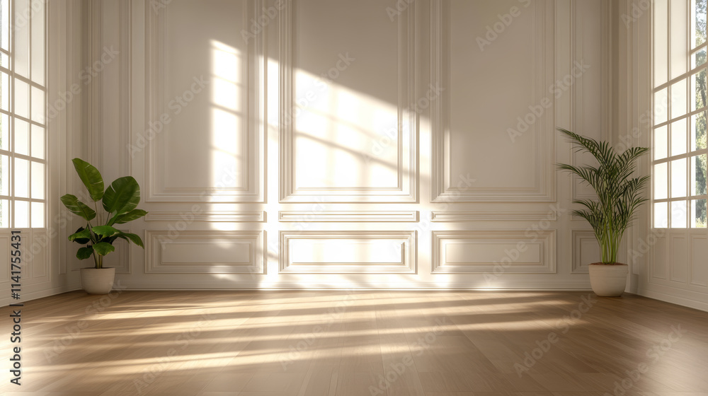 Bright and airy interior with large windows and natural light illuminating the wooden floor and plants Bright and airy interior with large windows and natural light illuminating the wooden floor and plants