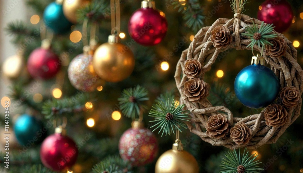 Close-Up Christmas Tree Ornaments with Pinecone Wreath Close-Up Christmas Tree Ornaments with Pinecone Wreath