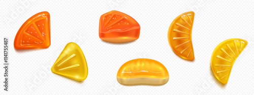 Vibrant set of gummy slices of lemon and orange. Realistic 3d colorful yellow and amber sweet juicy jelly treats with glossy texture. Sugar gelatin confectionery. Assorted marmalade dessert.