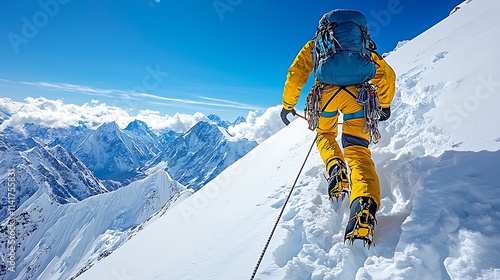 Climber Ascending Snowy Mountain Peak Under Blue Sky photo