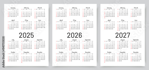2025, 2026, 2027 calendars. Calender template. Yearly organizer with 12 month. Week starts Sunday. Scheduler layout in English. Simple planner. Vector illustration. Portrait orientation. Paper size A4