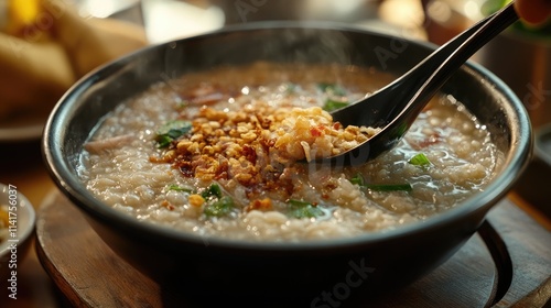 Delicious steaming rice porridge served with toppings in bowl